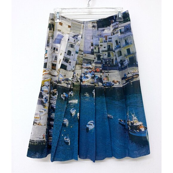 Akris Marina Grande Capri Port Print Pleated Skirt Blue Buildings Boats Water 6 - Picture 3 of 11